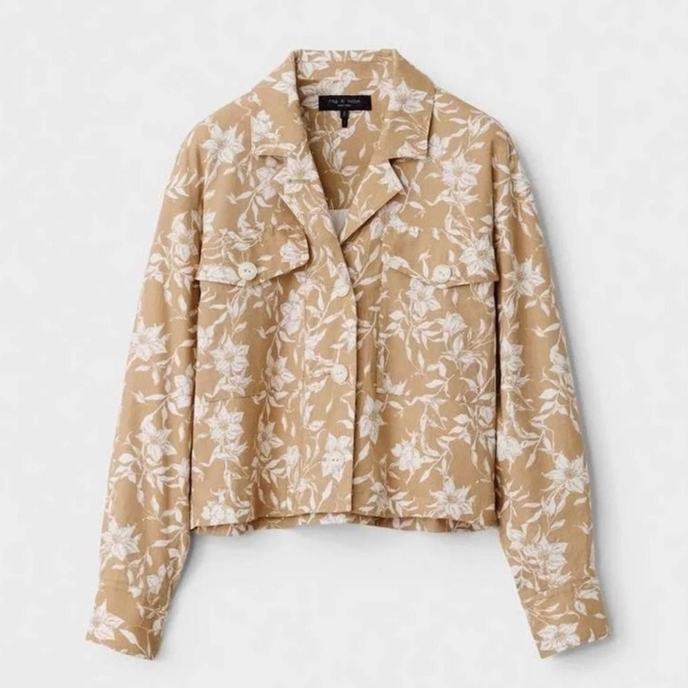Rag & Bone Jessie Tan Floral Print Linen Blend Bomber Jacket Size M $395 NWT